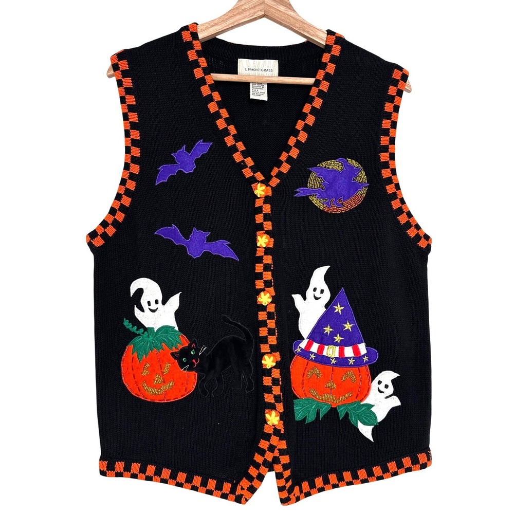 Lemon Grass Vintage Knit Halloween Sweater Vest Black Large Pumpkins Ghosts